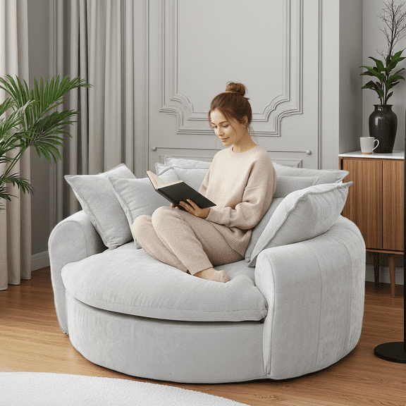 59.8" W Oversized Chenille Upholstered Round Barrel Chair, Boneless Chaise Lounge Sofa with 8 Matching Pillows