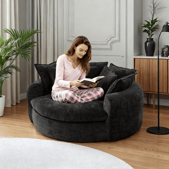 59.8" W Oversized Chenille Upholstered Round Barrel Chair, Boneless Chaise Lounge Sofa with 8 Matching Pillows
