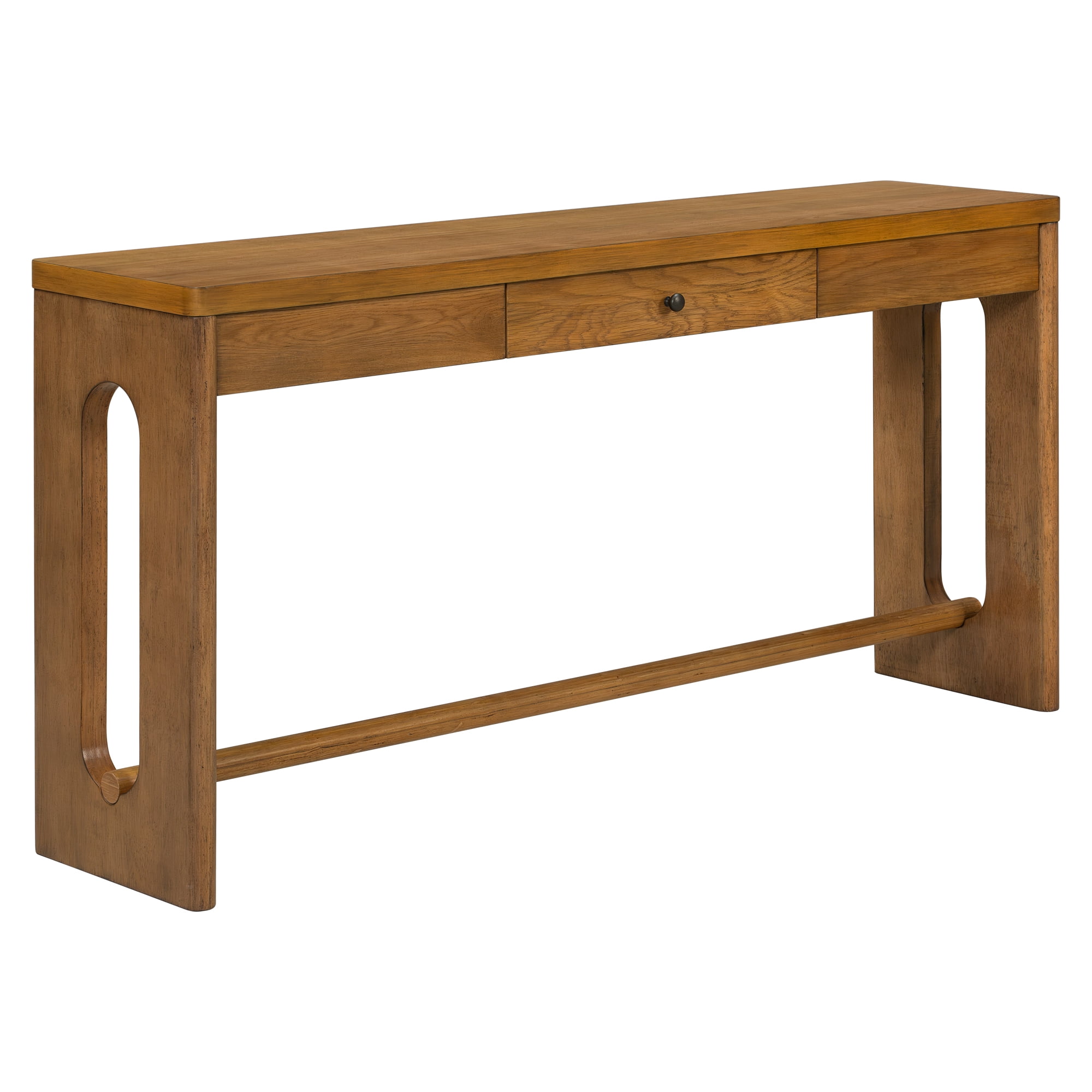 59.8" Wooden Entryway Table with Oak Veneer Retro Console Table With Drawer And Round Handle,Multi-Functional Sofa Table with oval cutout leg for Hallway, Entryway, Living Room