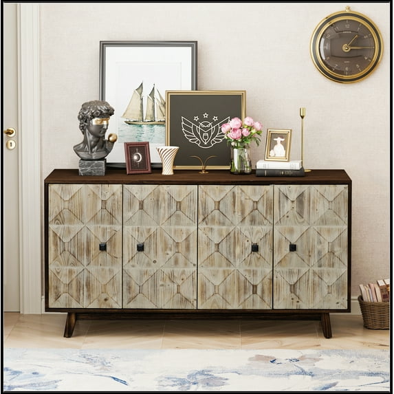 59.84" 4 Doors Vintage Sideboard ,Freestanding Sideboard Storage Cabinet Entryway Floor Cabinet for Living Room Office Bedroom,Natural