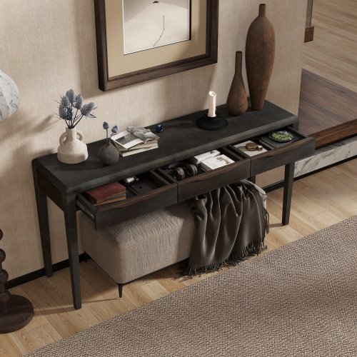 59.84" Elegant Console Table with Oak Veneer, Light Luxury Entryway Table with 3 Drawers, Farmhouse Sofa Table with Soft-Corner Design for Living Room, Foyer, Hallway, Black