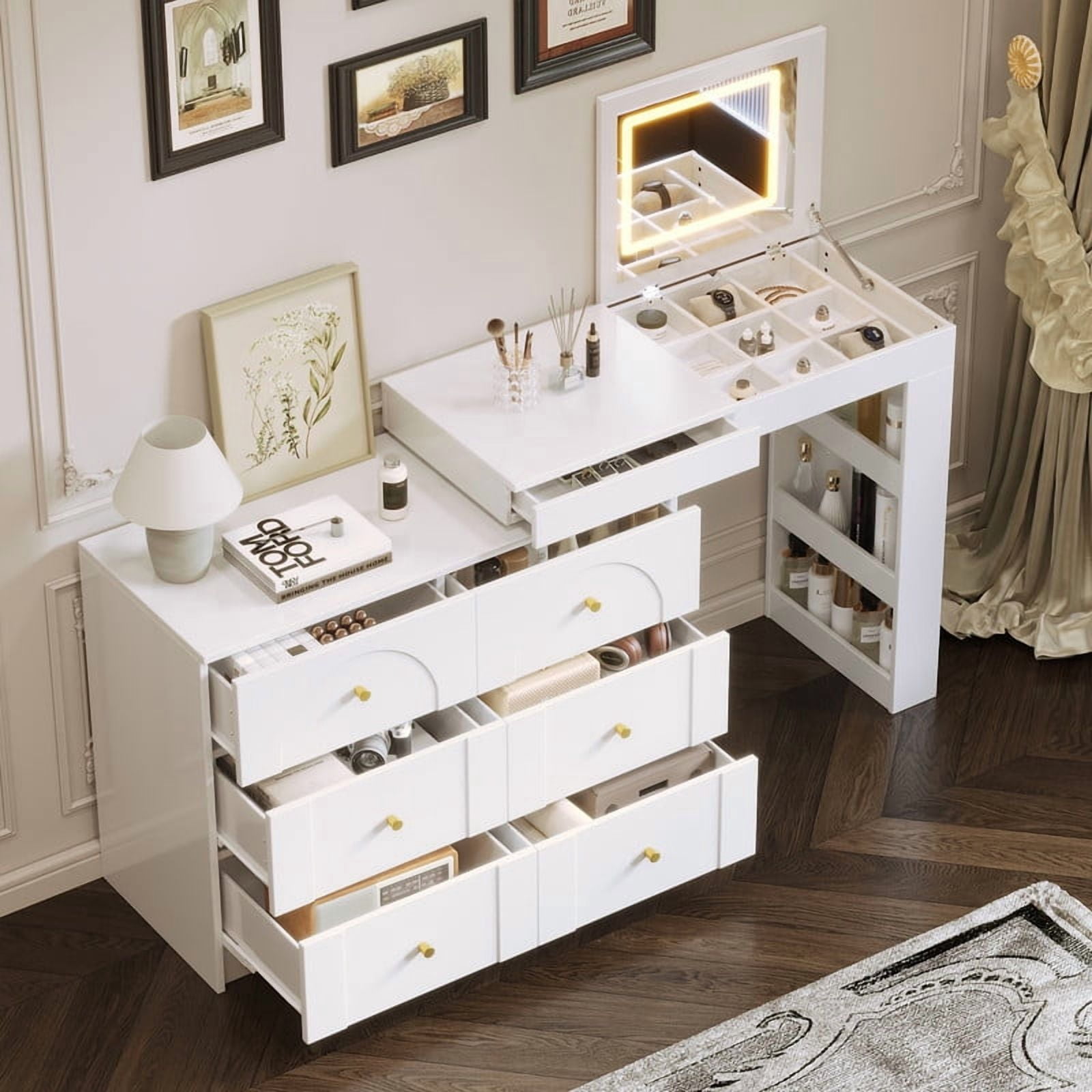 59.9" Vanity Desk with Flip-Top Mirror & LED Lights - Makeup Table with