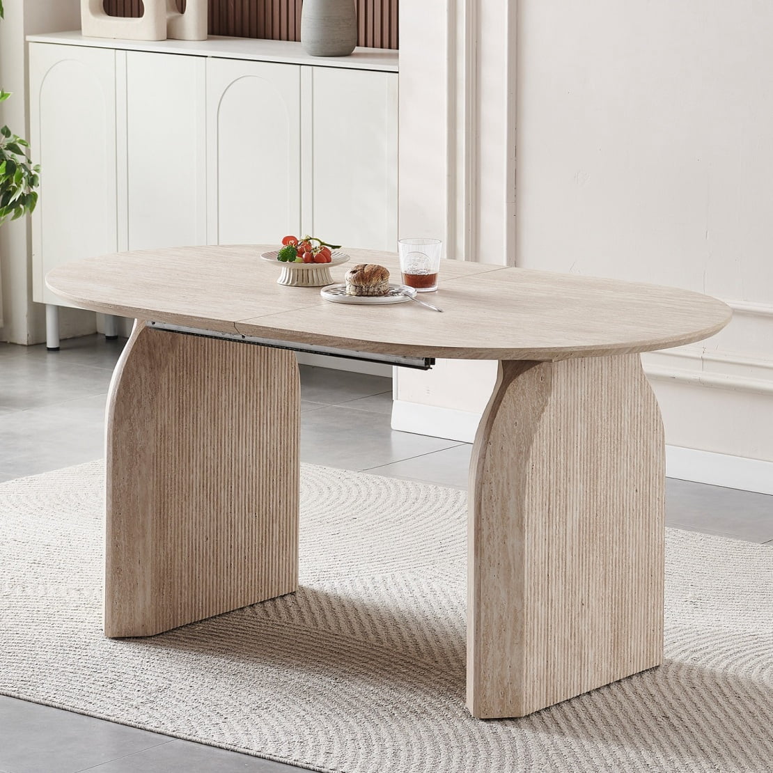 59"-90" Extendable Dining Table for 4-8 People, Modern Oval Kitchen Table with Dual Pillar Design, Space Saving Extendable Meeting Table for Small Spaces, Natural