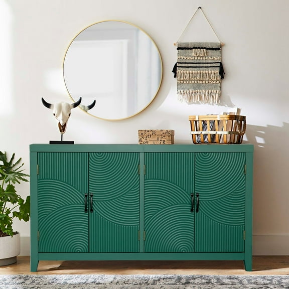 59" Accent Cabinet with 4 Doors, Mid Century Modern Pantry Cabinet, Wood Buffet Cabinet, Media Cabinet, Console Cabinet, Cabinet for Entryway, Living Room, Bedroom, Dining Room (Green)