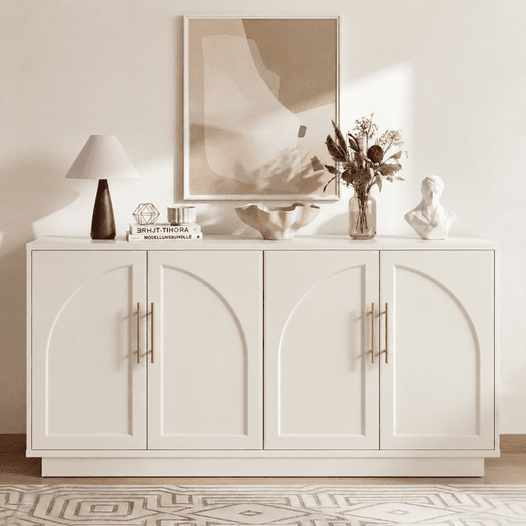 59" Arched Sideboard Buffet Cabinet, Modern Wood Credenza with Adjustable Shelves, 4 Doors TV Console for Living Room Dining Room Kitchen, Cream Beige