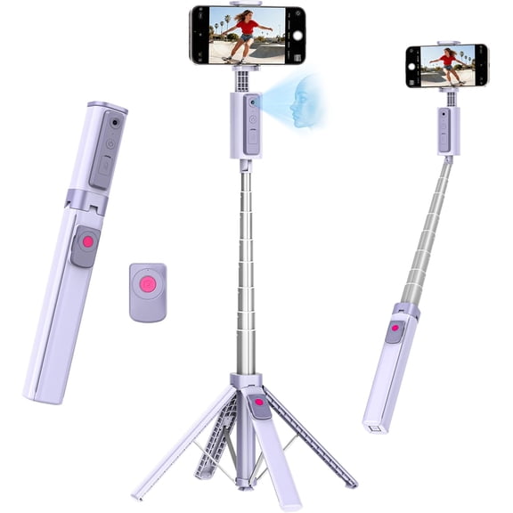 59'' Auto Face Tracking Tripod, 360 Rotation Selfie Stick for iPhone & Android with Wireless Remote, No App Required, Gesture Control for Vlog