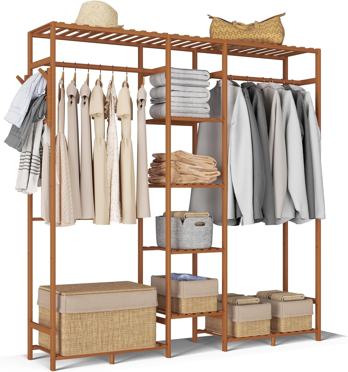 59" Bamboo Garment Rack Multi Tier Clothes Rack Storage Shelves with ...