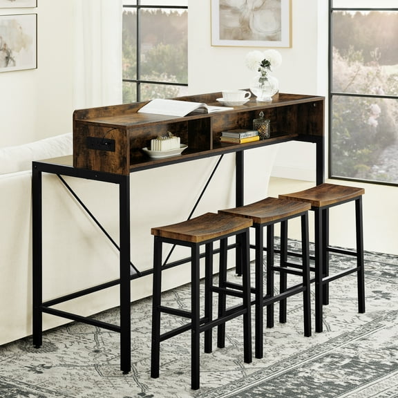 59" Bar Table/Dining Table/Sofa Table with Power Socket & LED Light, 3 Saddle Stools, 4-Piece Set for Living Room, Dining Room, Kitchen