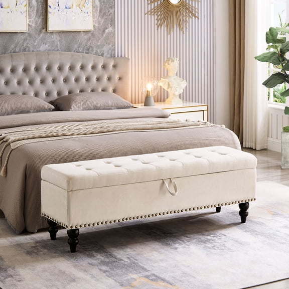 59" Bed Bench Ottoman with Dark Brown Wood Legs - A Stable and Stylish Option