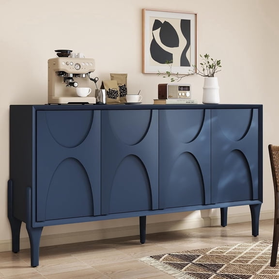 59" Sideboard Buffet Cabinet with Storage, 4 Doors & Adjustable Shelves, Solid Wood Legs, Coffee Bar Console Table for Kitchen Living Room, Blue