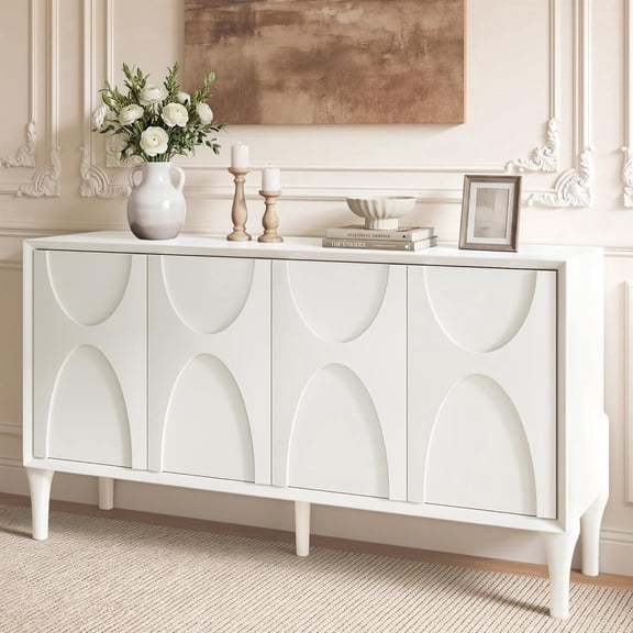 BFJDM 59 Inch Mid Century Sideboard Buffet Cabinet with 4 Doors and Adjustable Shelves Solid Wood Legs Accent Coffee Bar Console Table for Living Room Kitchen Entryway White