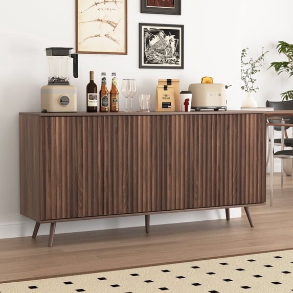 Rumiiro 59" Modern Buffet Cabinet with Legs Walnut, 4-Door Storage, Anti-Fingerprint Coating, Soft-Close Hinges, No Handle