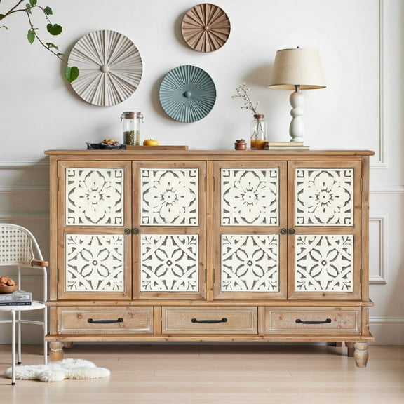 59" Buffet Cabinet Vintage Storage with 4 Carved Doors, French Country Sideboard, for Living Room, Kitchen, Entryway