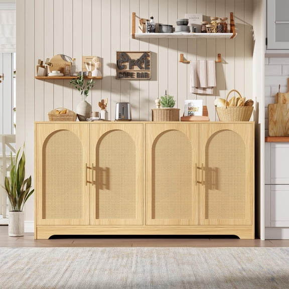 59” Buffet Cabinet with 4 Rattan Doors - Large Modern Sideboard & Coffee Bar Console for Living Room, Dining Room, Entryway