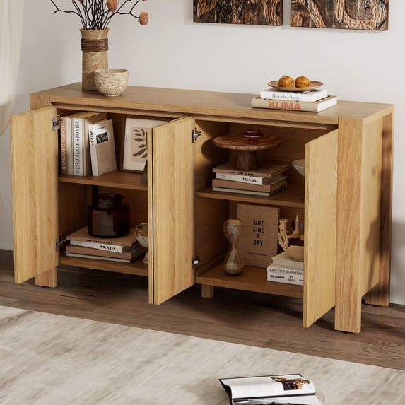 59'' Buffet Cabinet with Storage, 4-Door Retro Kitchen Sideboard with Adjustable Shelves, Solid Wood Console Table for Living Room, Natural