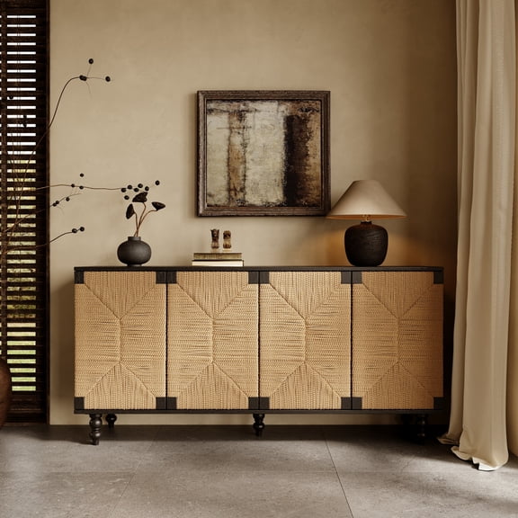 59" Buffet Sideboard Cabinet with Storage, Wooden Large Credenza with Wire-Brushed and Seagrass Doors, Mid Century Modern Storage Cabinet for Living Room, Natural