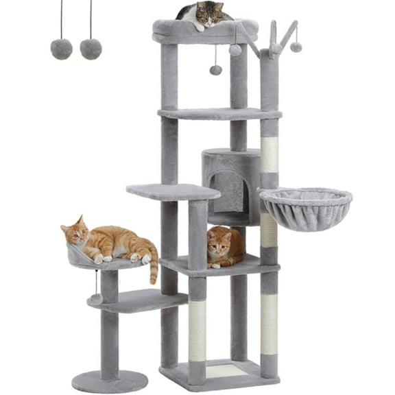 59" Cat Tree,Cat Tower for Large Cats,Multi-Level Cat Tower with 3 Removable Pompom Sticks,Cat Condo with Large Hammock,Scratching Post,and 2 Perches,Grey