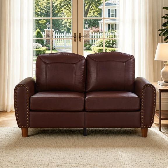 59" Classic Living Room Sofa Loveseat Faux Leather Couch,Rolled Arm Sofa with Nails,Solid Wood Legs,Upholstered Breathable PU Leather Burgundy