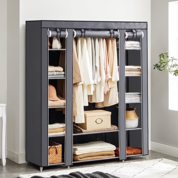 59" Closet Wardrobe Portable Closet Organizer Storage Clothing Rack Shelf with Non-Woven Fabric Cover for Bedroom Gray