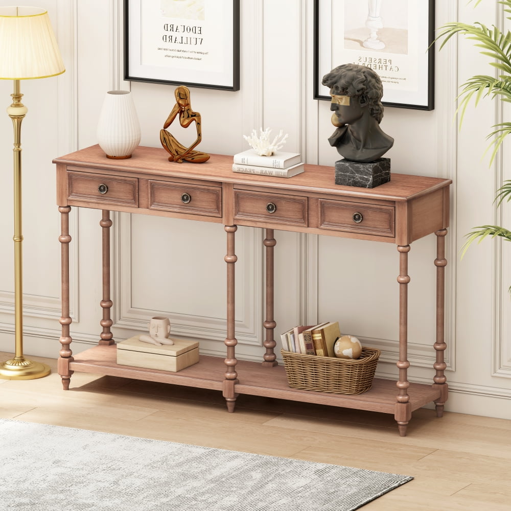 59" Console Table, Retro Sofa Table with 4 Drawers and Open Bottom