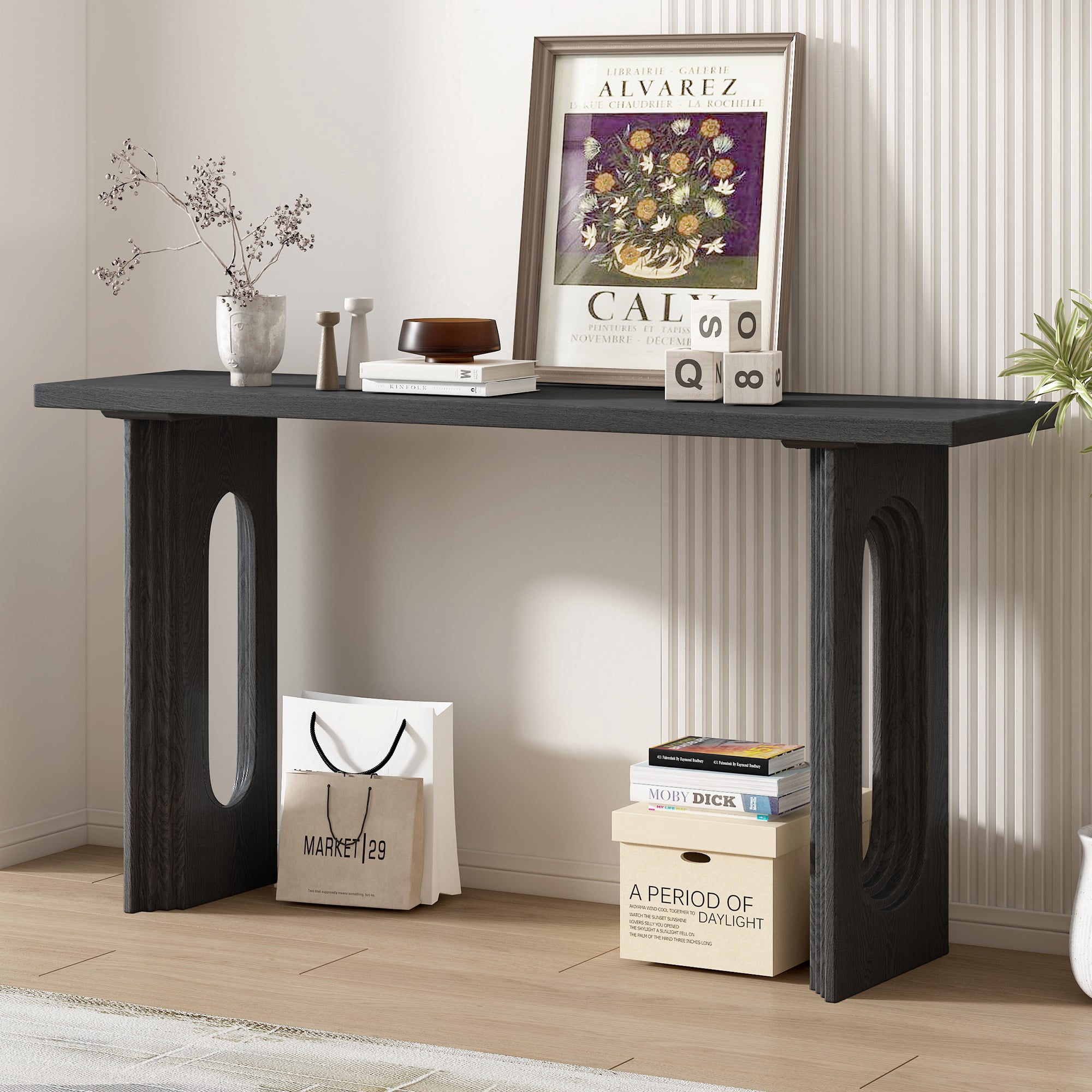 59" Console Table,Wooden Sofa Table Entryway Table with Distinctive Round Hollow Legs for Hallway, Entrance, Living Room, Bedroom,Black