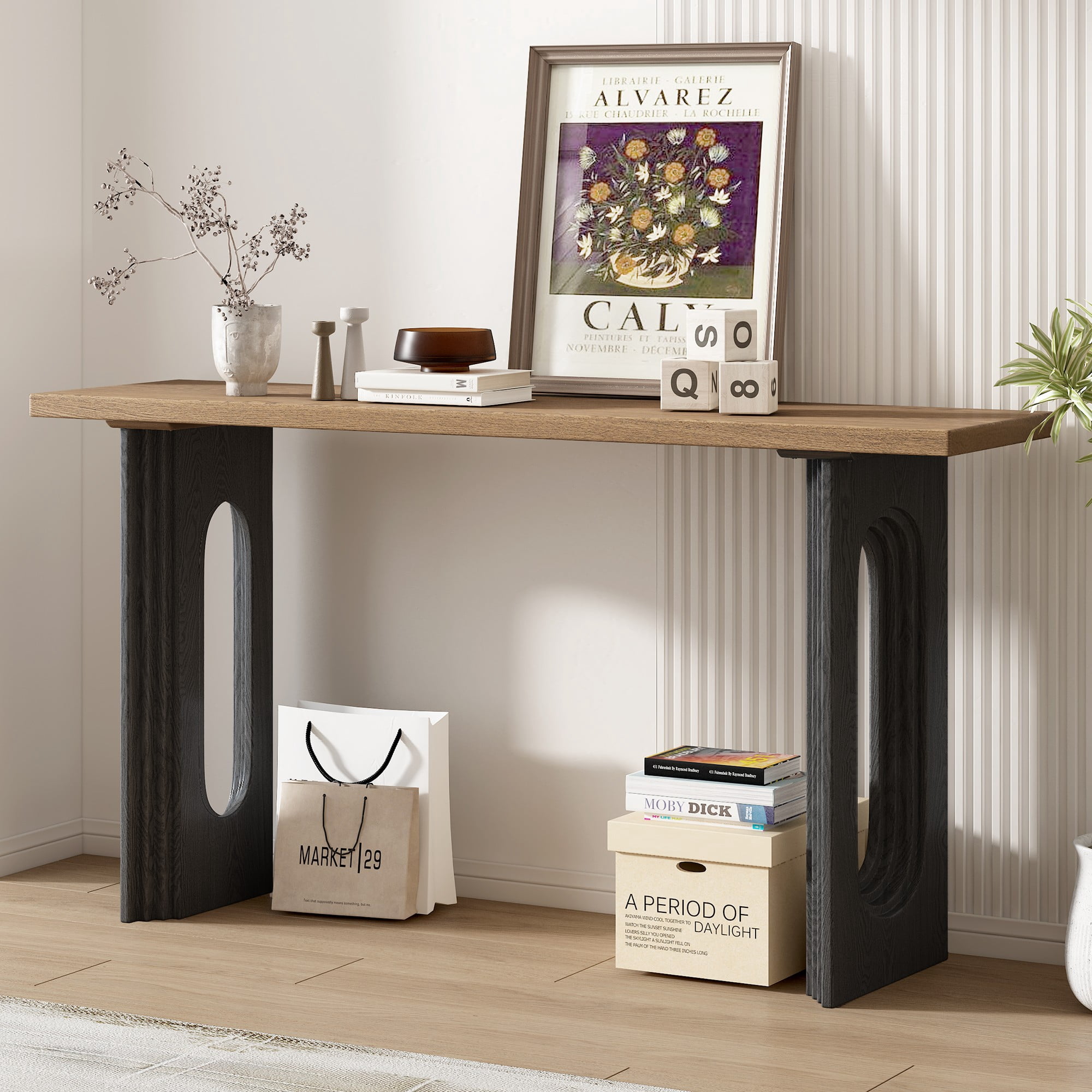 59" Console Table,Wooden Sofa Table Entryway Table with Distinctive Round Hollow Legs for Hallway, Entrance, Living Room, Bedroom,Natural