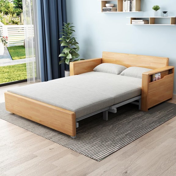 59" Convertible Sofa Sleeper with Storage,Grey Cushion Sectional Sleeper Sofa with Reversible Chaise,Wood Log Color Bed 3in1 Pull Out Couch Bed for Living Room,Apartment,Bedroom and Office