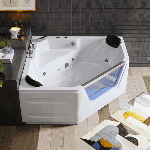 59" Corner Bathtub - 2 Person Acrylic Whirlpool Bath Tub Jetted Bathtub with 7- Color Light Spa Bath tub with 6 Jets Hydro Massage Tub Chromatherapy - ETL Certified White