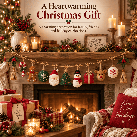 59" Cozy Christmas Felt Garland with Tassels, Rustic Stuffed Santa Snowman Gingerbread Bunting Banner for Fireplace Mantel Wall Hanging Xmas Holiday Decor