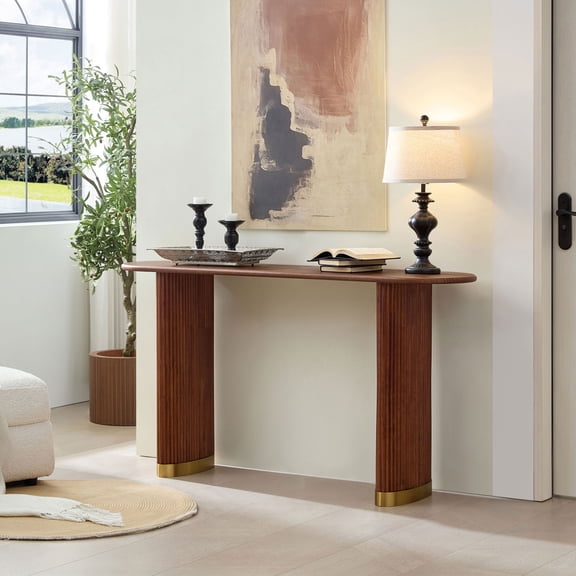 59" Curved Console Table, Narrow Sofa Table for Hallway, Wooden Modern Design Sofa Table Behind The Couch, for Living Room, Foyer, Easy Assembly, Brown
