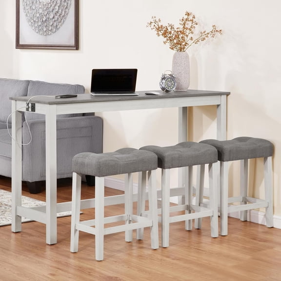 59" Dining Bar Table Set with Power Outlet, Behind Couch Sofa Table with 3 Padded Stools, 4 Piece Bar Table and Chairs Set for Living Room, Dining Room, Gray