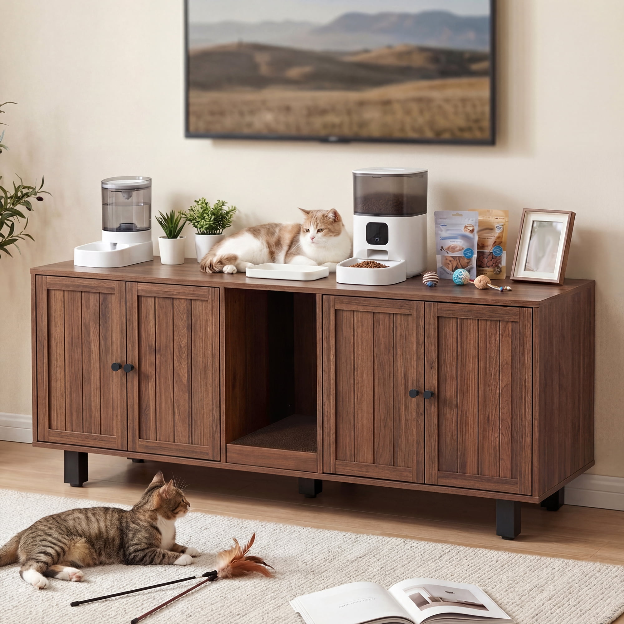 59" Double Cat Litter Box Enclosure Furniture, Hidden Litter Boxes Furniture with Cat Scratch Pad & Wide Access Doors, Versatile as TV Stand or Sideboard in Walnut