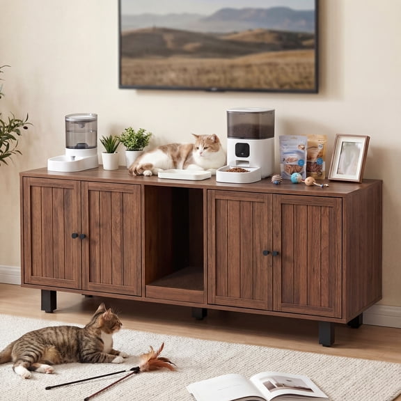 59" Double Cat Litter Box Enclosure Furniture, Hidden Litter Boxes Furniture with Cat Scratch Pad & Wide Access Doors, Versatile as TV Stand or Sideboard in Walnut