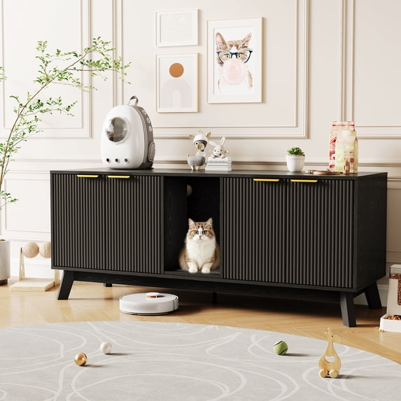 59" Double-Room Cat Litter Box Enclosure, Large Hidden Litter Box Furniture – Modern Wooden Cat House with Litter Mat – TV Stand Side Table