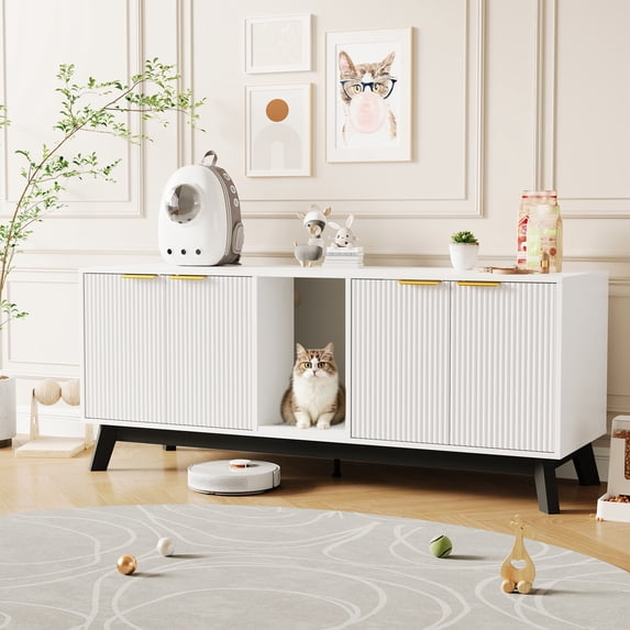 59" Double-Room Cat Litter Box Enclosure, Large Hidden Litter Box Furniture – Modern Wooden Cat House with Litter Mat – TV Stand Side Table