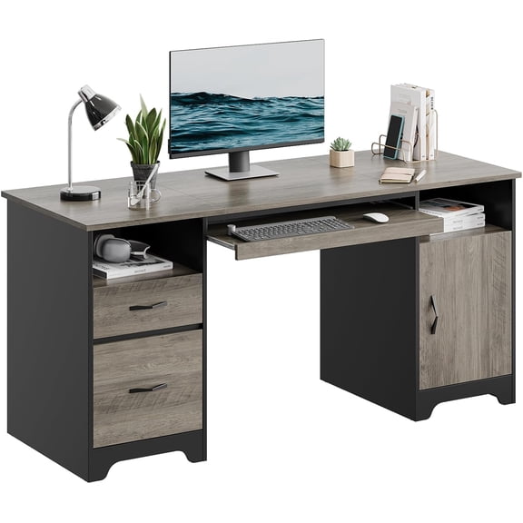 59 Executive Desk with 2 Drawers, Computer Desk with Storage Cabinet, Industrial Wood Desk with File Drawer, Keyboard Tray & 2 Pedestals for Home Office & Studio, Gray