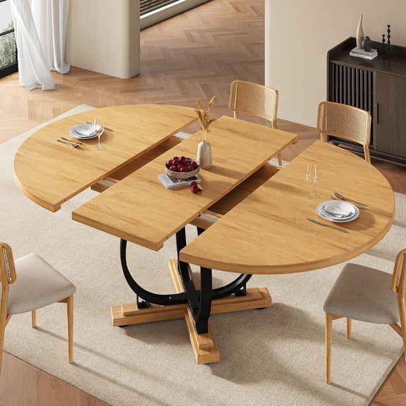 59" Extendable Round Dining Table for 4-6, Modern Oval Kitchen Table with Heavy Duty Curved Legs & Pedestal Base, Space Saving Circle Dinner Room Table for Dining Kitchen Living Room, Oak
