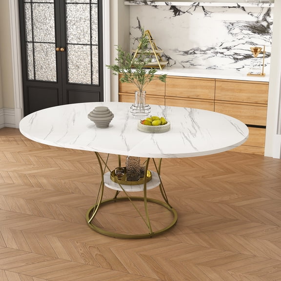 59" Extendable Round Dining Table for 4-8, Legahome Modern Kitchen Table with Storage Shelf, Dining Room Table with 1.2" Thick Tabletop & Sturdy Metal Base, Perfect for Small Space, Walnut