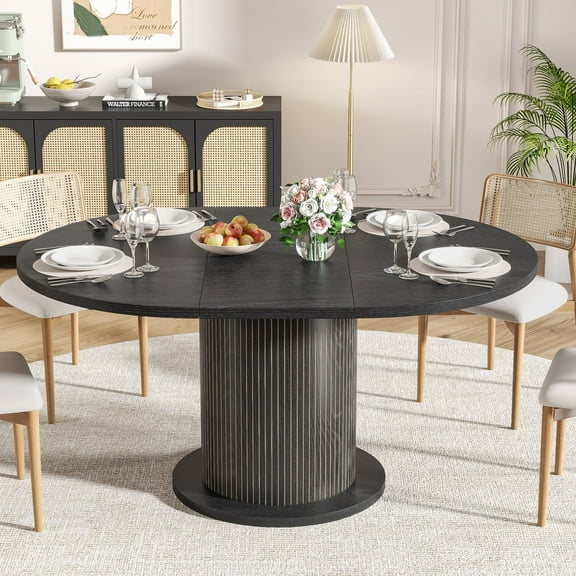 59" Extendable Round Dining Table for 4-6, Modern Oval Kitchen Table with Fluted Base, Circle Dining Table for Living Room, Black