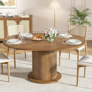 59" Extendable Round Dining Table for 4-6, Modern Oval Kitchen Table with Fluted Base, Circle Dining Table for Living Room, Walnut