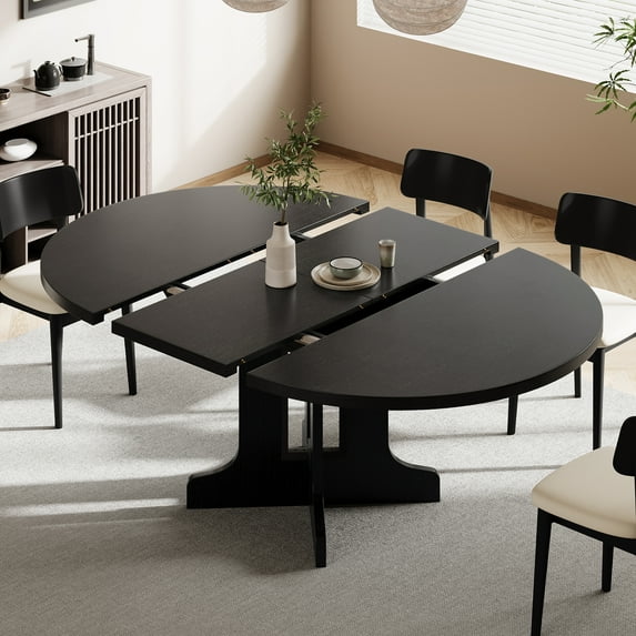 Virans 59" Extendable Round Dining Table for 4-8 , Modern Kitchen Oval Dining Table, Space Saving, Wooden Tabletop & Base, Black