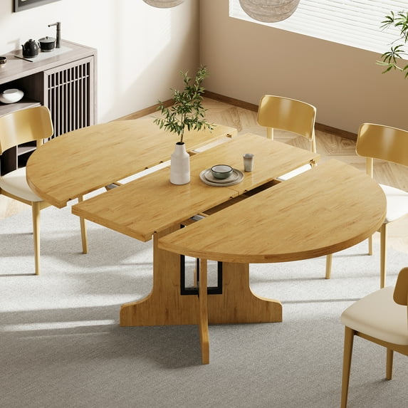 Virans 59" Extendable Round Dining Table for 4-8 , Modern Kitchen Oval Dining Table, Space Saving, Wooden Tabletop & Base, Oak