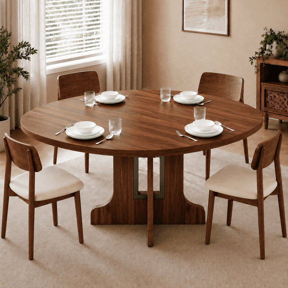 Virans 59" Extendable Round Dining Table for 4-8 , Modern Kitchen Oval Dining Table, Space Saving, Wooden Tabletop & Base, Walnut