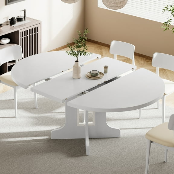 Virans 59" Extendable Round Dining Table for 4-8 , Modern Kitchen Oval Dining Table, Space Saving, Wooden Tabletop & Base, White