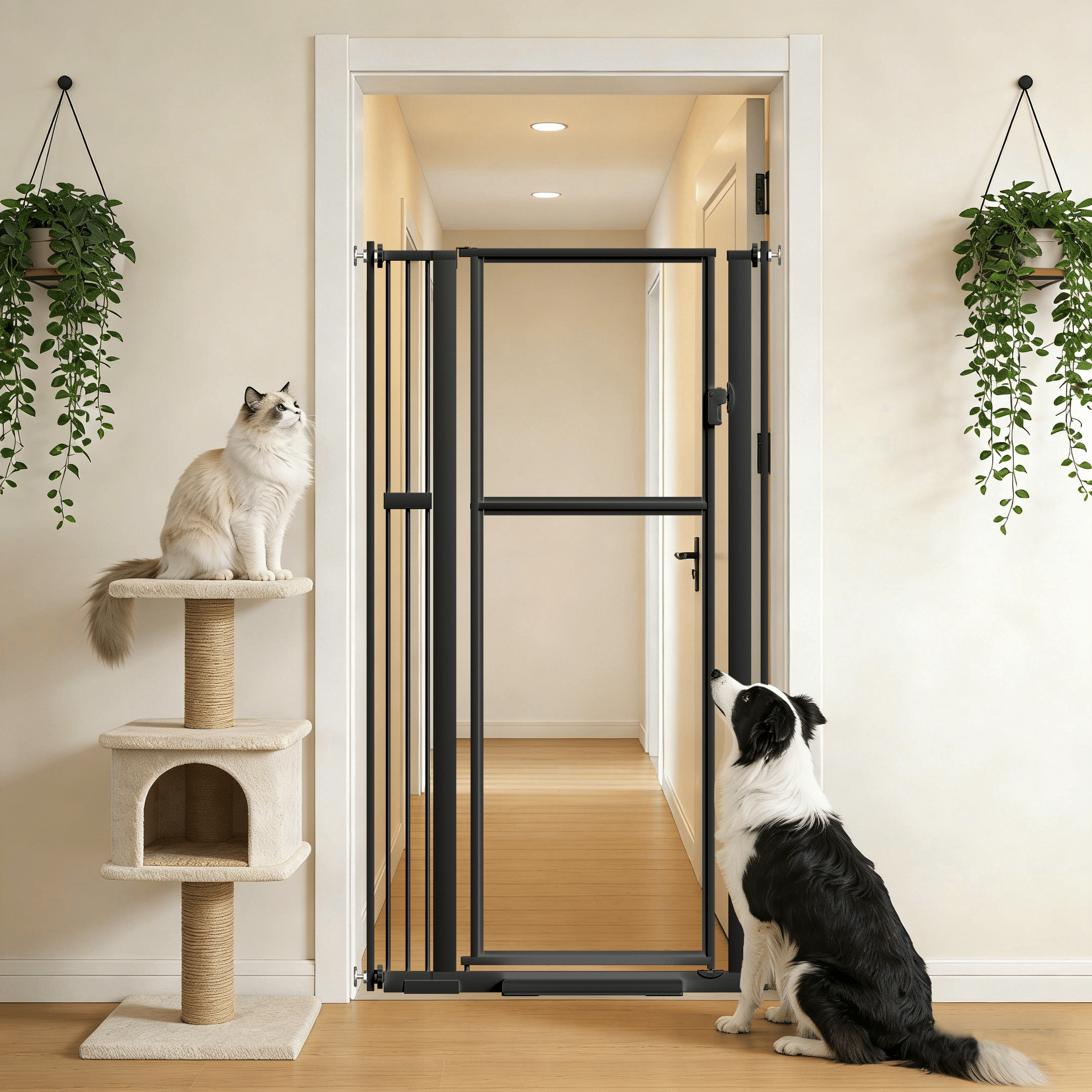 59" Extra Tall Clear Pet Gate, 29"-37" Adjustable Pressure Mounted Dog Cat Barrier Black