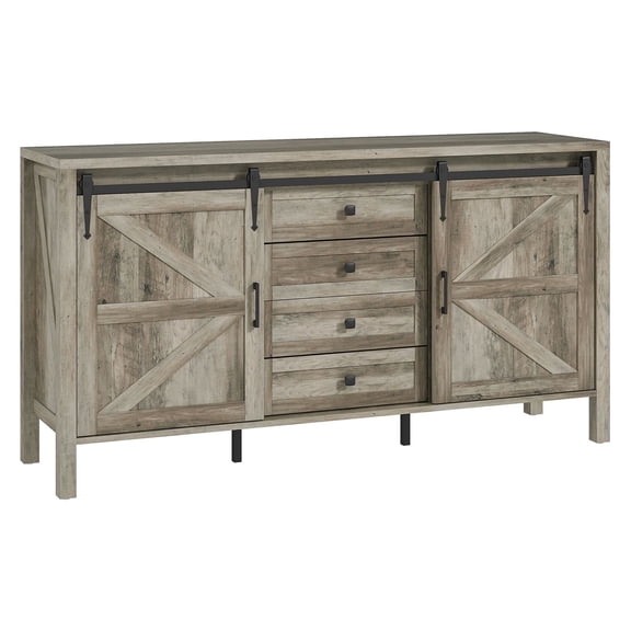 59" Farmhouse Buffet Cabinet - Gray Wash - Sideboard with Barn Doors & Drawers