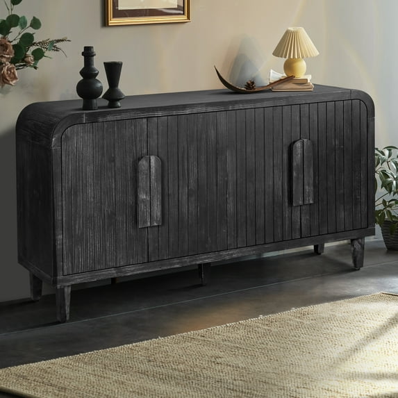 59'' Farmhouse Curved Vintage Storage Sideboard with Large Wooden Handles, Vertical Wood Grain Carving & Adjustable Shelves for Kitchen/Dining Room (Antique Black)
