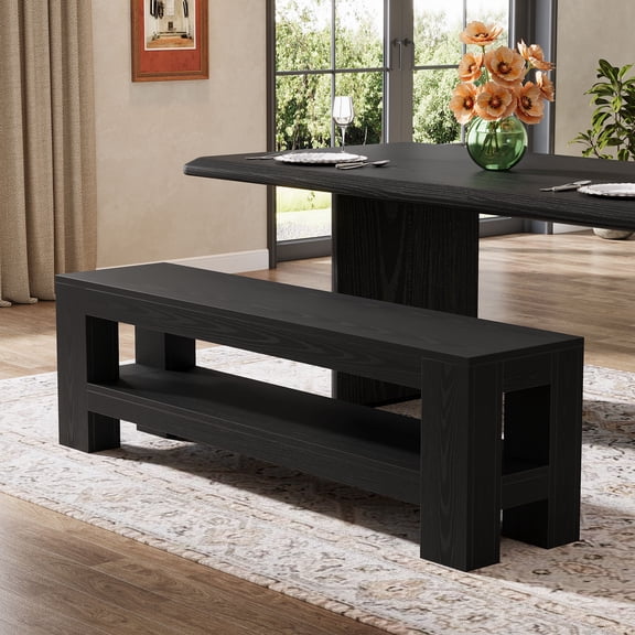 59" Farmhouse Dining Bench with Storage Shelf, Wooden Entryway Bench with 2-Tier Design, Rustic Indoor Bench for Dining Room, Kitchen, Bedroom, End of Bed