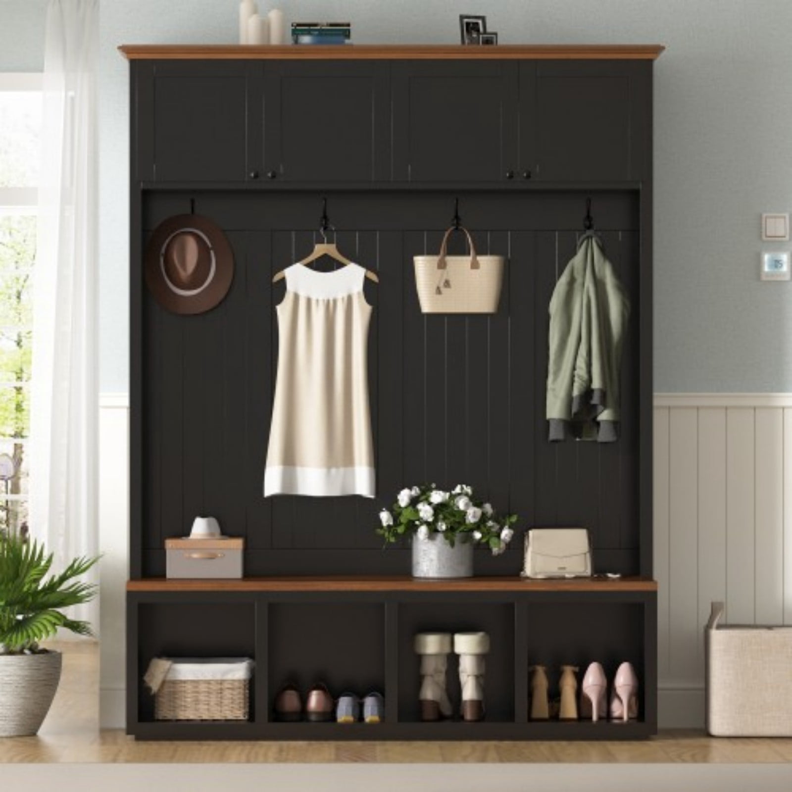 59" Farmhouse Entryway Hall Tree with Bench, 4-in-1 Coat Rack Shoe Storage with 4 Cabinets & Open Compartments, Wood-Grain Hall Tree Organizer with Hooks for Hallway Entryway, Black
