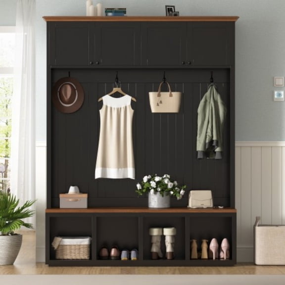 59" Farmhouse Entryway Hall Tree with Bench, 4-in-1 Coat Rack Shoe Storage with 4 Cabinets & Open Compartments, Wood-Grain Hall Tree Organizer with Hooks for Hallway Entryway, Black